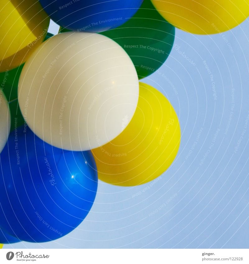 Balloons in the sky Joy Feasts & Celebrations Carnival Sky Happiness Round Blue Yellow Colour White Green Neutral Background Copy Space right Blue sky