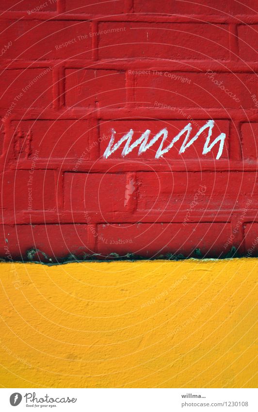 Doodle on red house facade Wall (barrier) Wall (building) Write Yellow Red Scribbles Brick wall ekg Graph Graffiti Life line illiteracy Characters Written