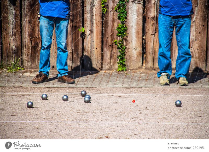 shot put Sports Ball sports Boules Sporting Complex Sporting event Human being Masculine Adults Legs 2 45 - 60 years Sand Playing Stand Throw Together Blue