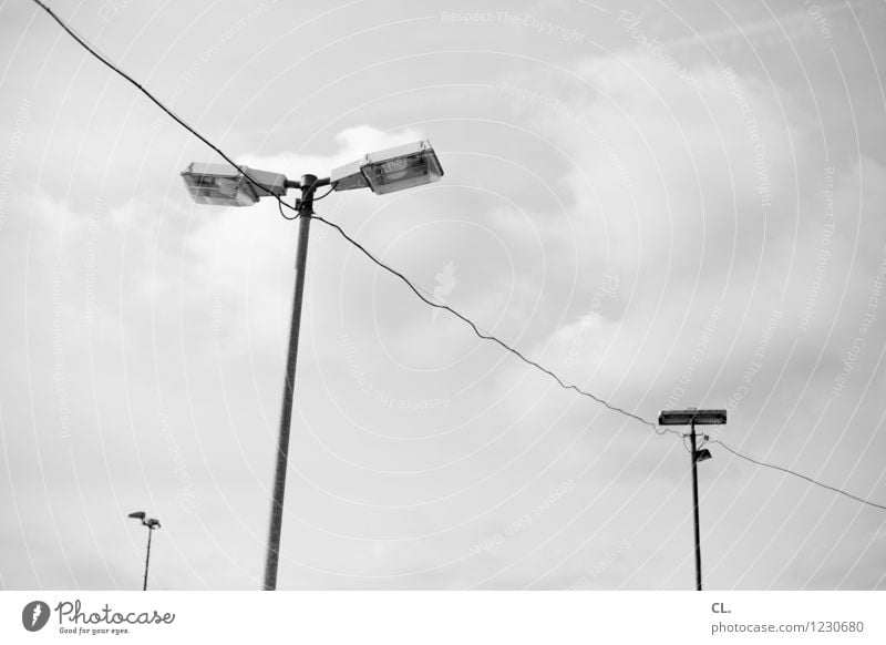 lantern Sky Clouds Lamp post Lantern Cable Transmission lines Perspective Target Black & white photo Exterior shot Deserted Day