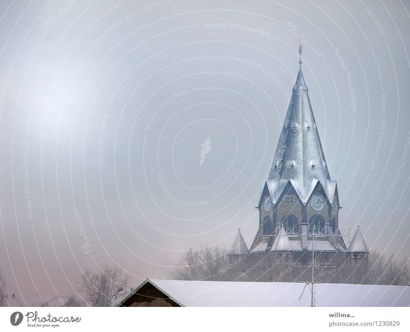 Snowy church tower Church Manmade structures Building Architecture Belief Religion and faith Winter Winter's day Winter mood Church spire Cold Resting point