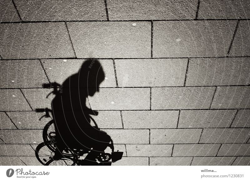 shadow of a person in a wheelchair Human being Man Adults 1 Mobility Wheelchair Shadow Shadow play Dark side Handicapped Paving tiles Shadowy existence