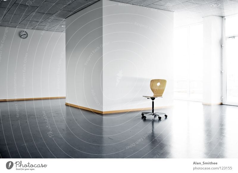 single chair Office Empty Clean Light Sunlight Sunbeam Clock Wall (building) Window Dance floor Architecture Room Work and employment high school white bright
