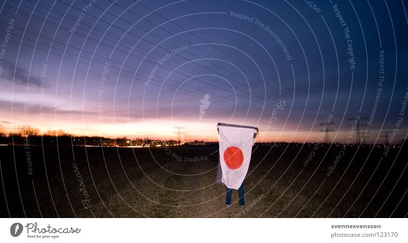 In the Land of the Rising Sun #1 Japan Flag Ensign Sunrise Sunset Morning Panorama (View) Nationalities and ethnicity Japanese Patriotism Asia Field Footpath