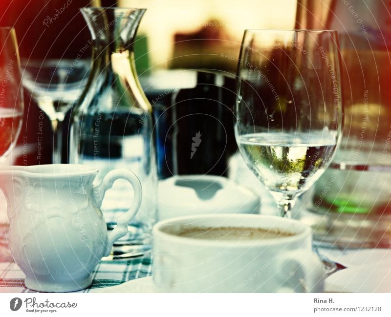 SummerLunch Nutrition Beverage Crockery Glass Authentic Relaxation To enjoy Cup Milk churn Decanter Colour photo Exterior shot Deserted Shallow depth of field