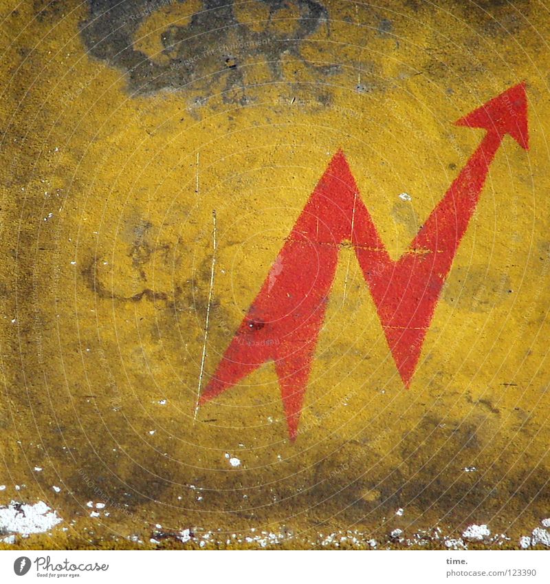Exciting detours also lead to the goal Electricity Yellow Red Tin Dirty Fatigue Scratch mark Dust Symbols and metaphors Public service Signage Concentrate