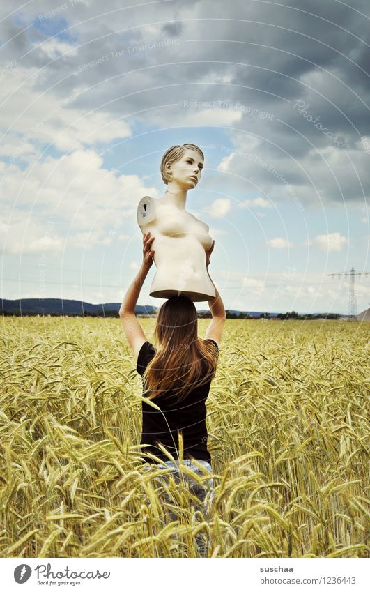 she looked ... and looked ... and looked ... Sky Clouds Field Wheat Ear of corn Summer Landscape Face Head Torso Mannequin Child Girl Carrying To hold on Lift