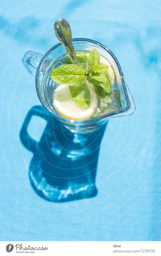 summertime Beverage Drinking water Lifestyle Blue Joie de vivre (Vitality) Water Slice of lemon Mint leaf Colour photo Deserted Copy Space top Copy Space bottom
