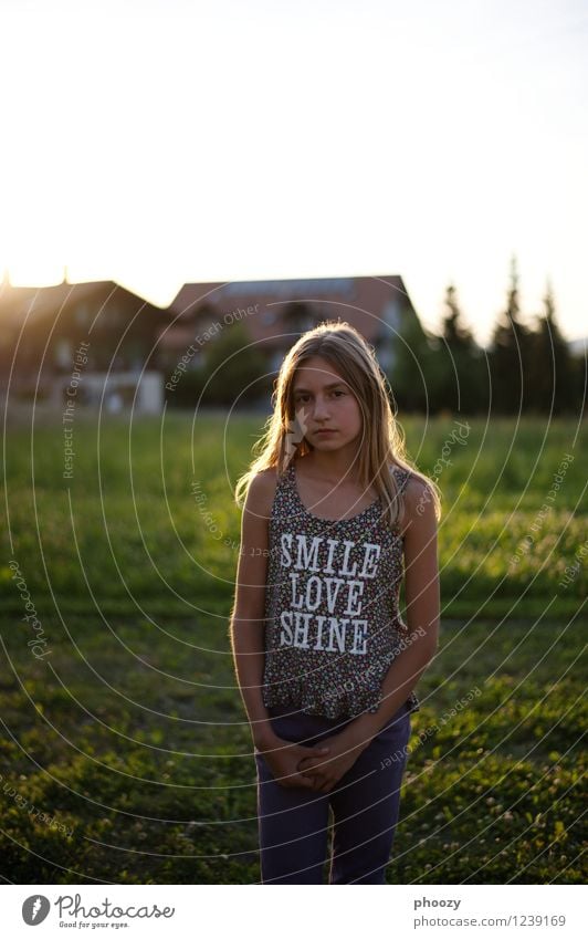 Smile, Love, Shine Style Child Girl 1 Human being 13 - 18 years Youth (Young adults) Fashion T-shirt Stand Thin Colour photo Copy Space top Evening Back-light