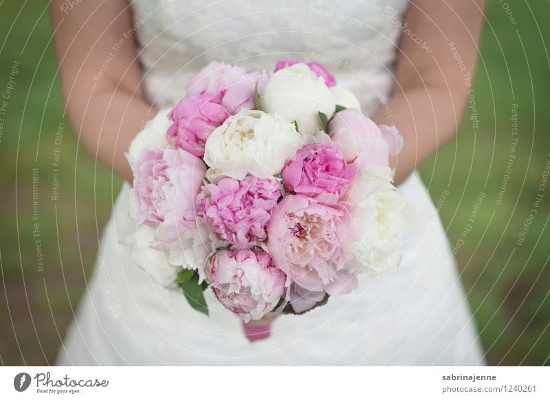 bridal bouquet Dress Bright Emotions Happy Happiness Anticipation Together Love Wedding Bride Bouquet Flower Peony Colour photo Exterior shot Day