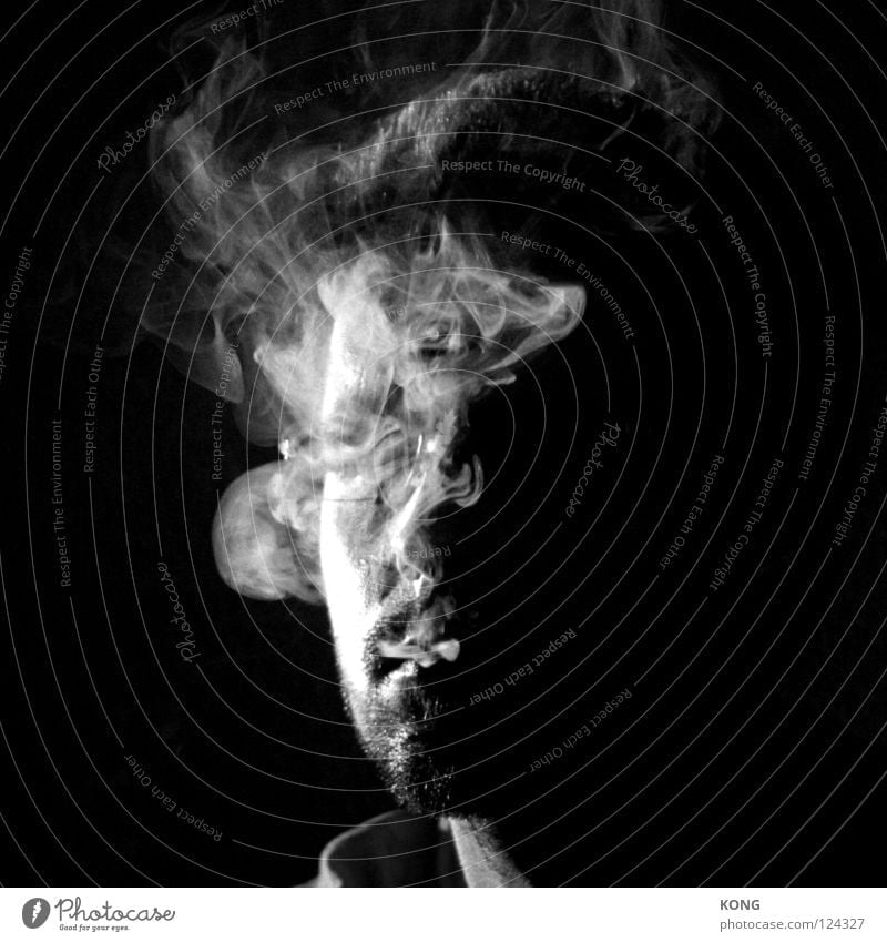smokin' Portrait photograph Close-up Man Cigarette Smoke Mysterious Black & white photo Transience Face Smoking Hide Invisible self-censorship