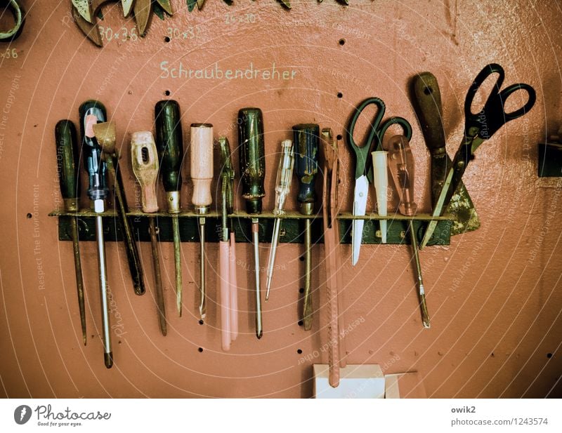 assortment Tool Screwdriver Scissors Selection Beaded Hang Many Orderliness Concentrate Services Workshop Colour photo Interior shot Close-up Detail Deserted