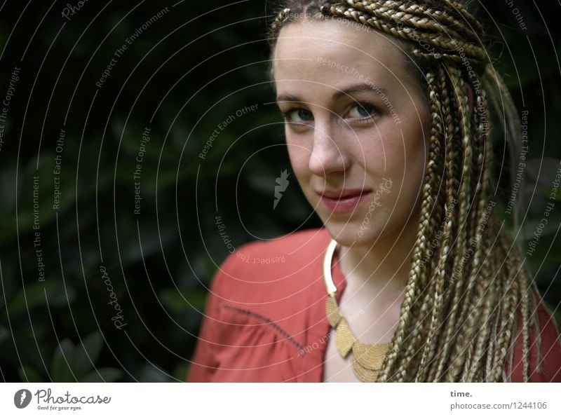 Woman with braided hair Feminine Adults 1 Human being Park Shirt Jewellery Blonde Long-haired Dreadlocks Observe Think Looking Wait pretty Cool (slang) Brave