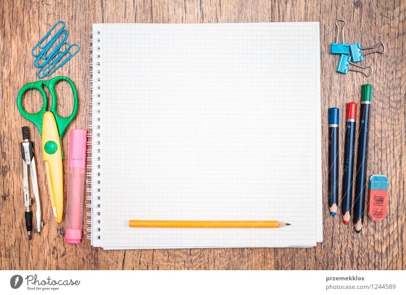 Notepad with pencil and other accessories Desk School Study Work and employment Workplace Tool Scissors Compass (Navigation) Paper Piece of paper Pen Education