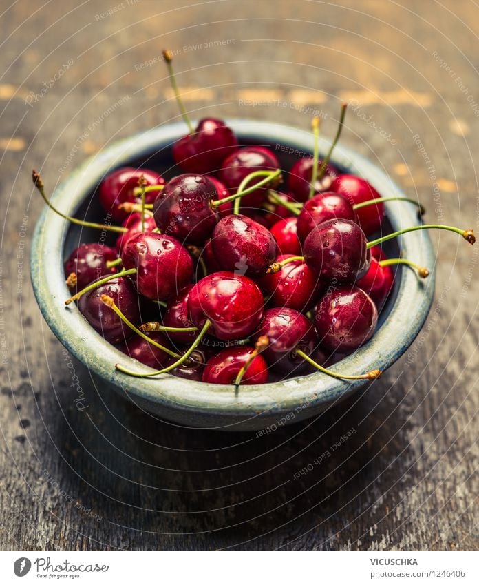 Cherries in a blue bowl Food Fruit Dessert Nutrition Organic produce Vegetarian diet Diet Bowl Lifestyle Style Design Healthy Eating Summer Garden Table Nature