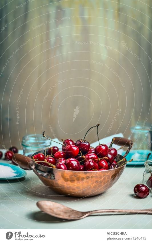 Old copper pot with cherries on the kitchen table Food Fruit Jam Nutrition Breakfast Organic produce Vegetarian diet Diet Crockery Plate Bowl Pot Bottle Glass