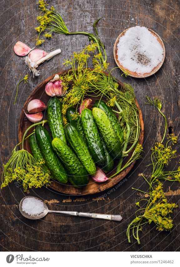 Cucumbers, herbs and spices for pickling Food Vegetable Herbs and spices Nutrition Plate Bowl Spoon Style Healthy Eating Life Summer Living or residing Table