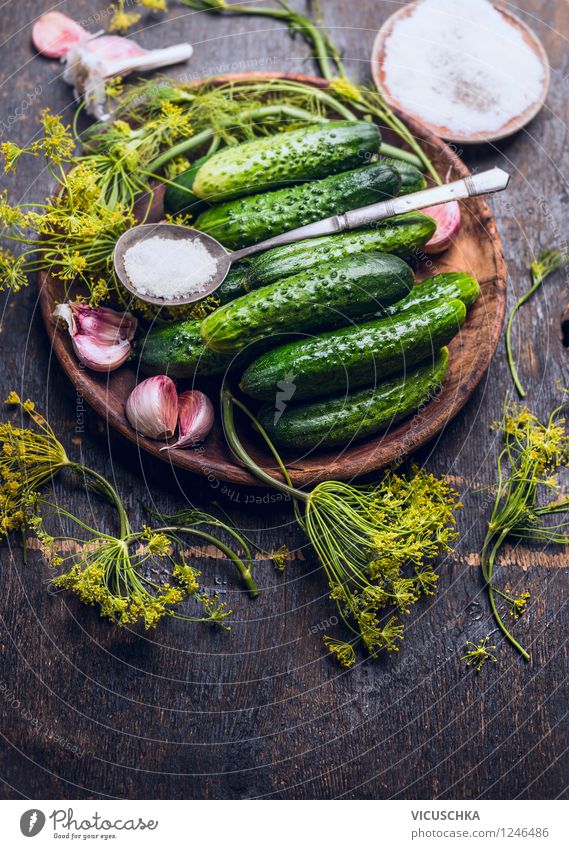 Pickle some garden cucumbers. Ingredients for pickled cucumbers. Food Vegetable Herbs and spices Nutrition Organic produce Vegetarian diet Plate Bowl Glass