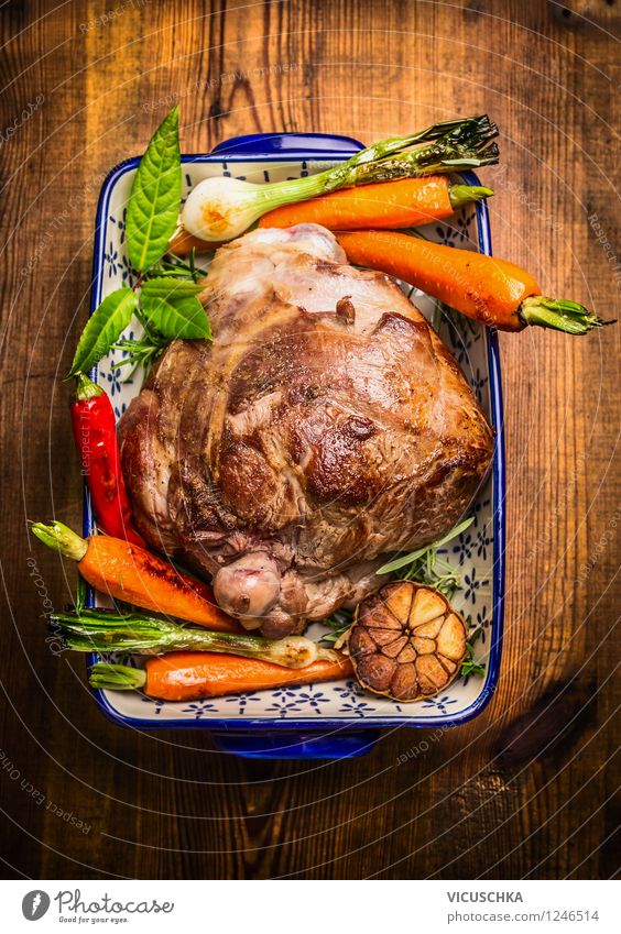 Leg of lamb roast with vegetables on rustic wooden table Food Meat Vegetable Banquet Organic produce Diet Style Design Healthy Eating Life