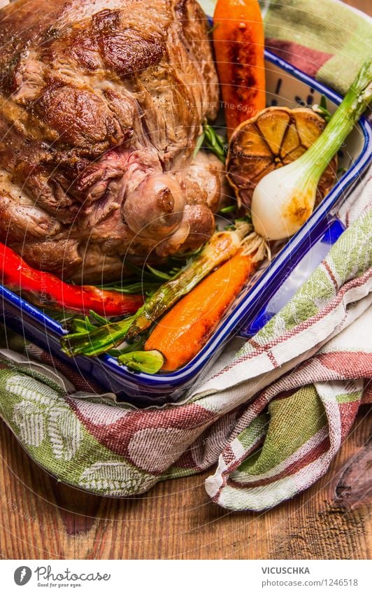 Leg of lamb with roasted vegetables Food Meat Vegetable Herbs and spices Nutrition Lunch Dinner Banquet Organic produce Pot Style Design Healthy Eating Life