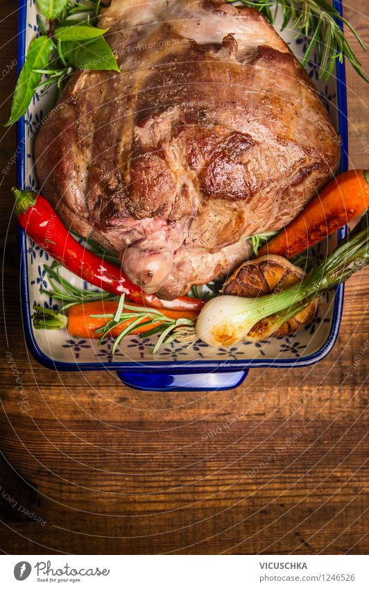 Leg of lamb roast Food Meat Vegetable Herbs and spices Nutrition Dinner Banquet Organic produce Lifestyle Style Design Healthy Eating Table Kitchen Restaurant