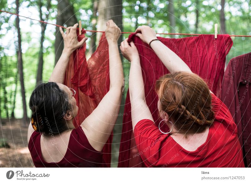 pZ3 l women hanging laundry Human being Feminine Life 2 Tree Forest Hang Together Red Serene Considerate clothesline Laundry Exterior shot Rear view