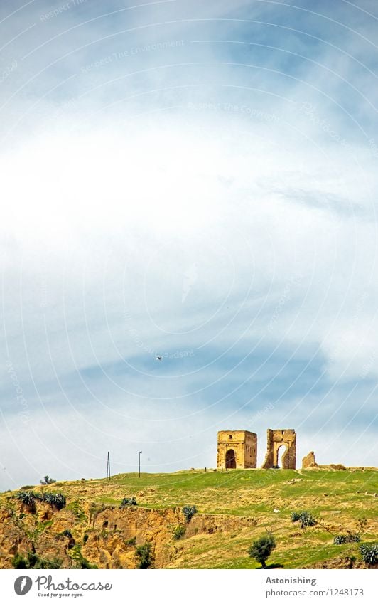 ruin Environment Nature Landscape Plant Sky Clouds Horizon Weather Beautiful weather Tree Grass Hill Rock Fez Morocco Ruin Tower Gate Manmade structures