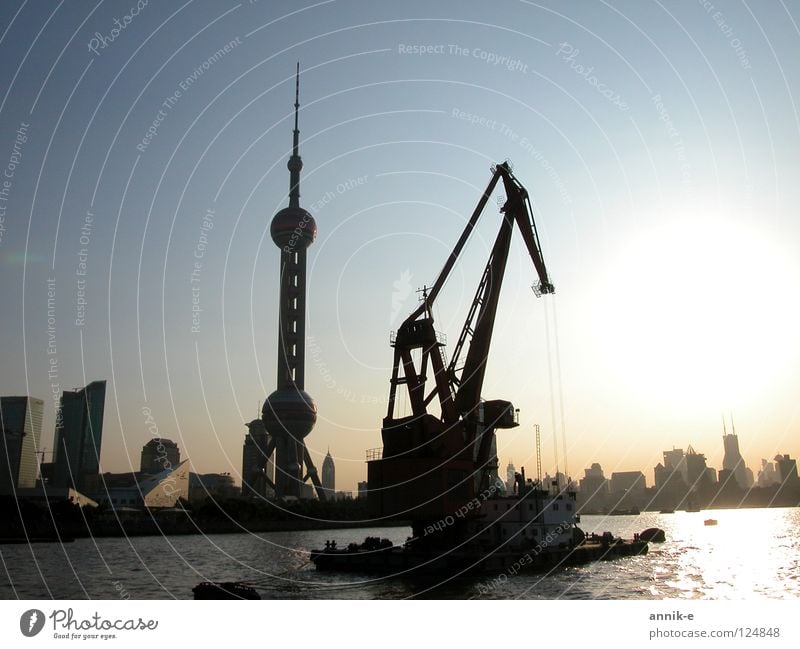 Shanghai Port China Asia Twilight Crane Harbour River Water Town