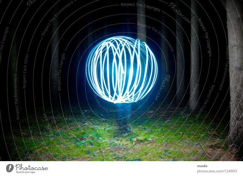 Force field No.2 Light Forest Tree Dark Planet Flashlight LED Grass Meadow Rotate Circle Long exposure Laser Sphere Bright Blue Surrealism force field