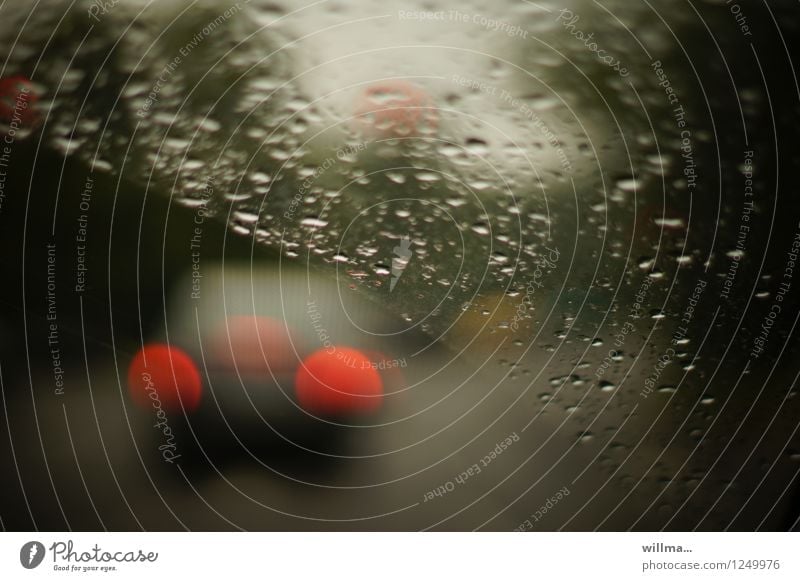 Driving in the rain, with poor visibility Motoring Windscreen Rain Wet Transport Bad weather Street Car Dark Rear light rainy day Autumnal weather November mood