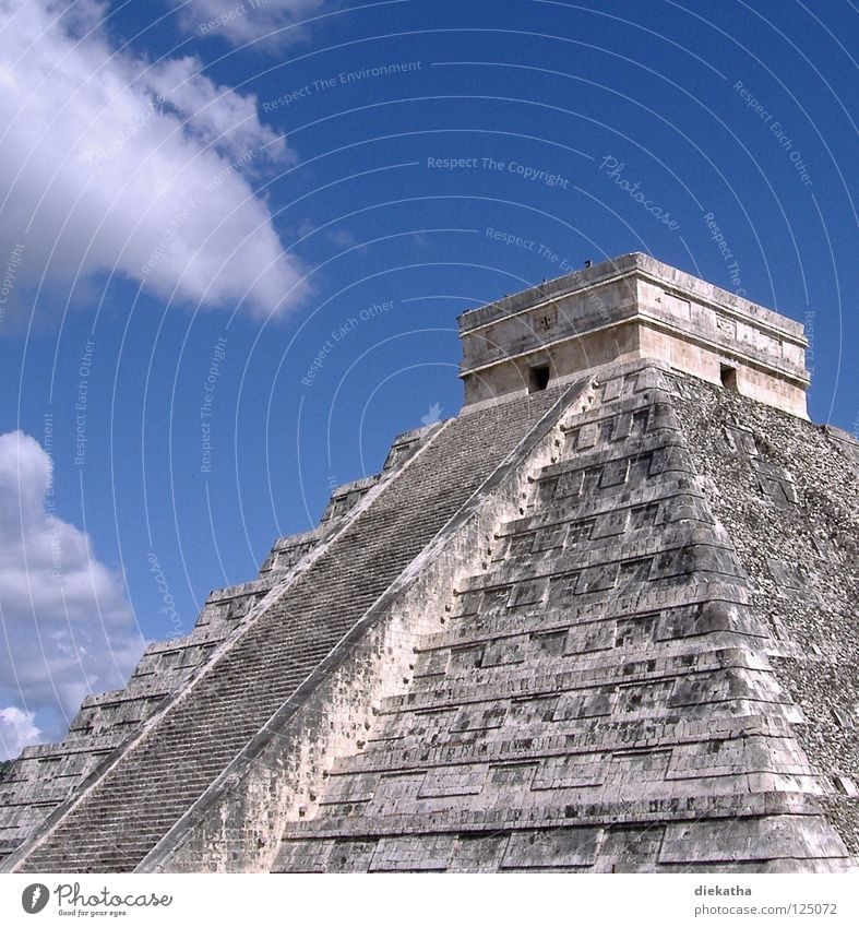 Pyramid of Kukulcán Maya Chichen Itza Central America Culture Clouds Step Pyramid Astronomy Science & Research Honor Mexico wonder of the world Stairs Sky Blue