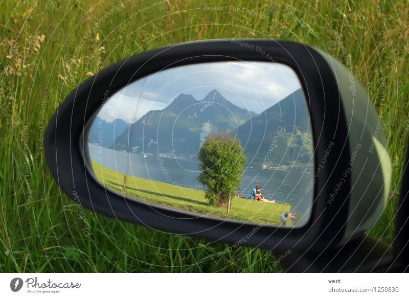 Break at the lake Happy Vacation & Travel Trip Summer Sunbathing Flirt Couple Nature Landscape Water Sky Spring Grass Meadow Lakeside Lake Lucerne Car Mirror