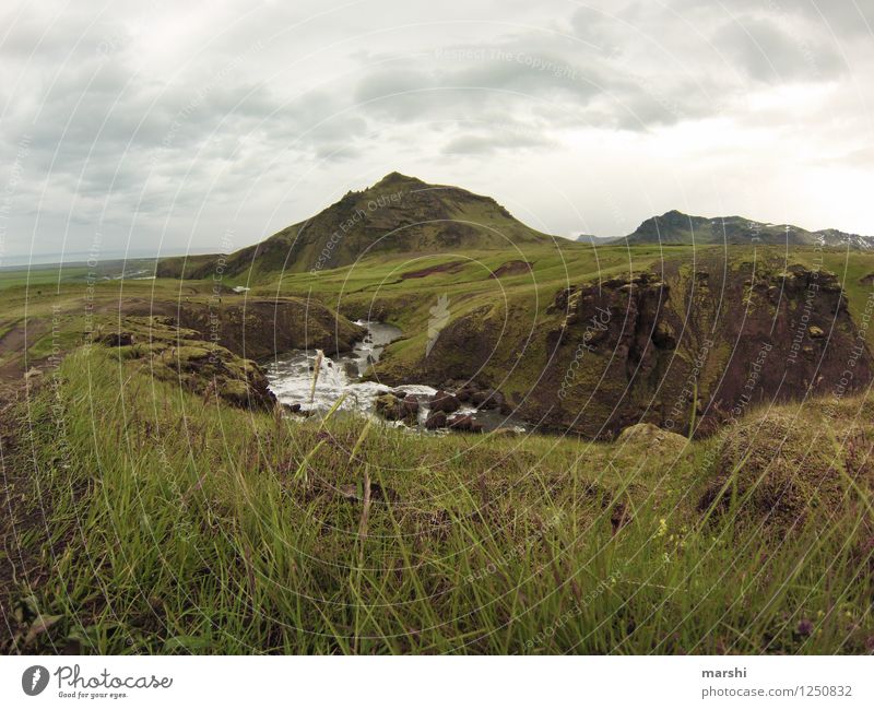 at the end comes the waterfall Nature Landscape Animal Water Clouds Summer Weather Mountain Volcano Canyon River Waterfall Moody Iceland Green Far-off places