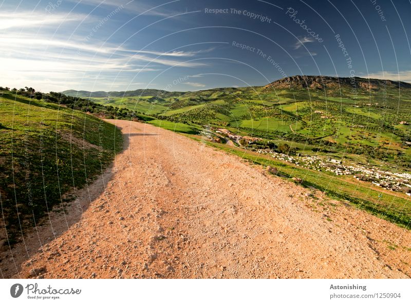 red trail to the countryside Environment Nature Landscape Plant Air Sky Clouds Horizon Summer Weather Beautiful weather Tree Grass Meadow Hill Peak Fez Morocco