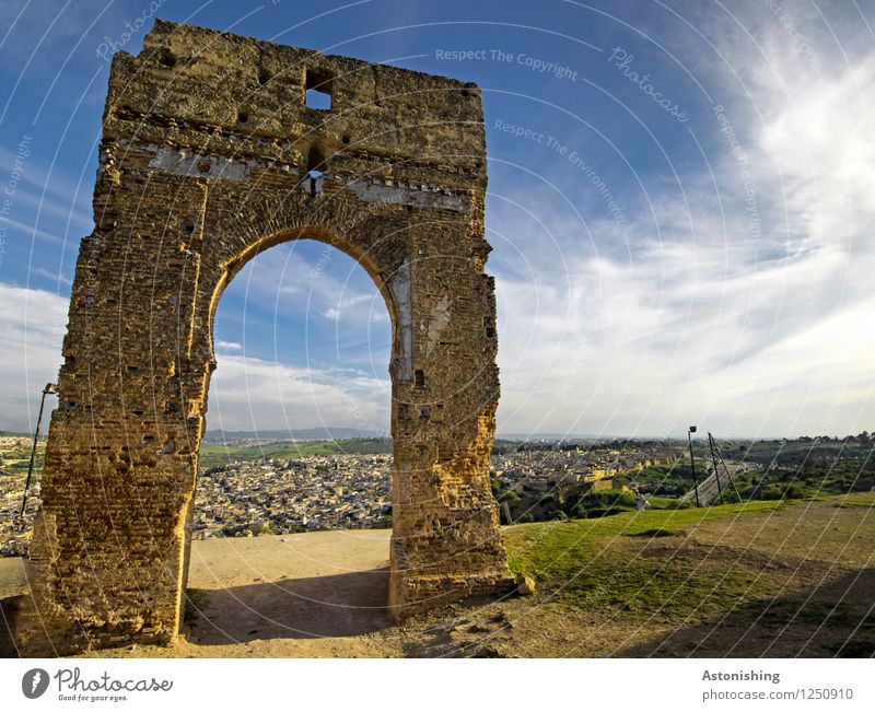 the old gate I Environment Nature Landscape Sand Sky Clouds Horizon Summer Weather Beautiful weather Plant Grass Hill Fez Morocco Africa Town