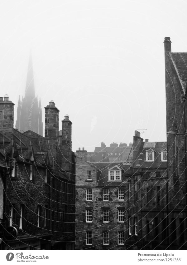 Typical Scotland City trip Autumn Bad weather Fog Edinburgh Town Deserted Church Architecture Wall (barrier) Wall (building) Facade Roof Chimney Stone Old