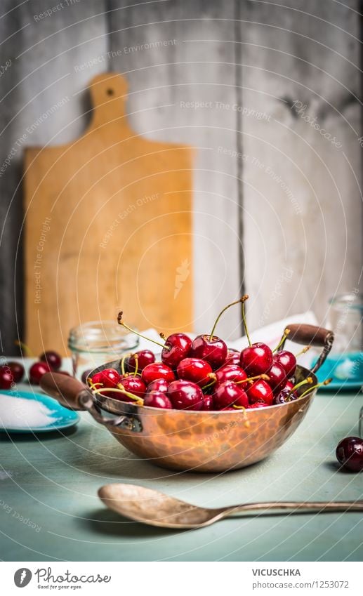 Cherries in an old pot on the kitchen table Food Fruit Dessert Nutrition Organic produce Vegetarian diet Diet Plate Bowl Pot Glass Spoon Lifestyle Style Design