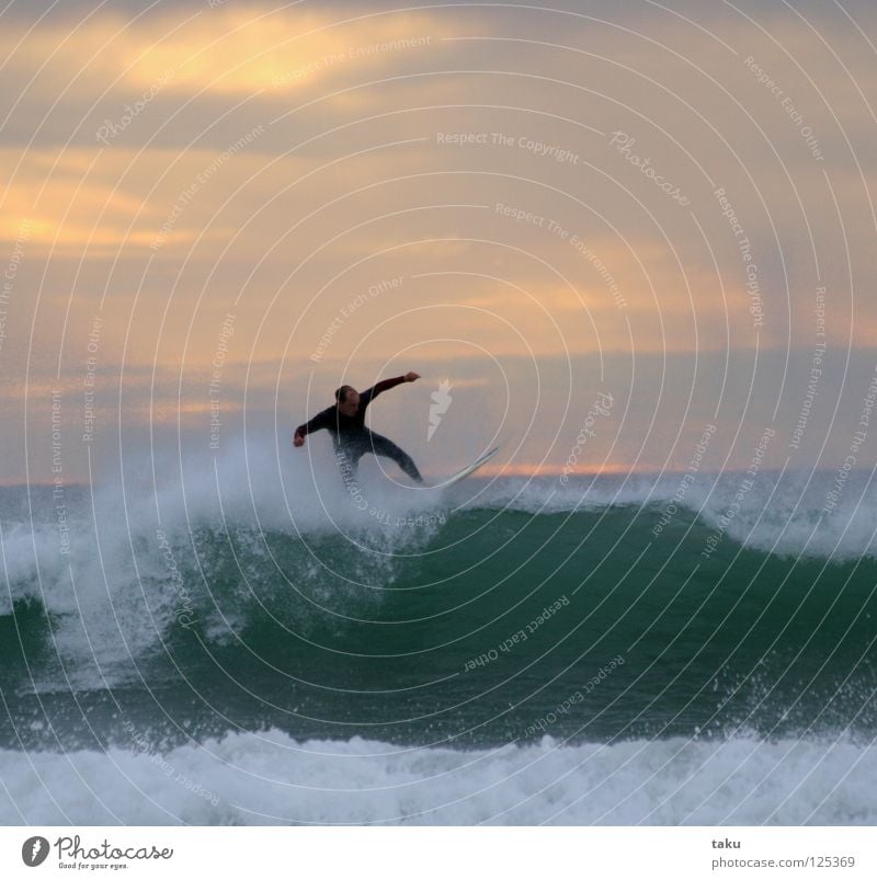SUNRISE SURF New Zealand South Island Surfer Surfboard Jump Aquatics p.b. waves breaking sea exciting Cool (slang) fun watching sunrise early in the morning