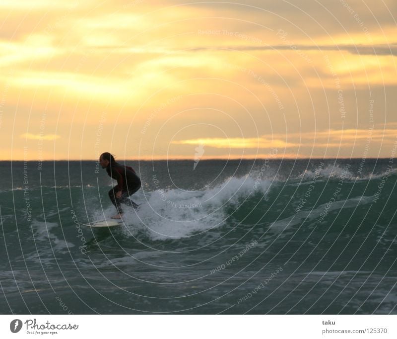 SUNRISE SURF II New Zealand South Island Surfer Surfboard Jump Aquatics p.b. waves breaking sea exciting Cool (slang) fun watching sunrise early in the morning