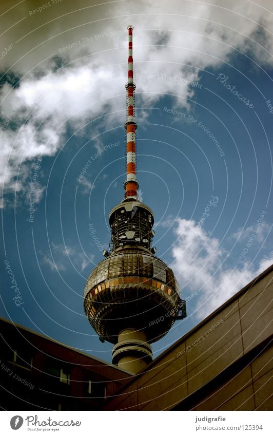 small joke Art Landmark Antenna Surveillance Striped Red White Clouds Town Snapshot Prefab construction New building Monument Colour Berlin Capital city