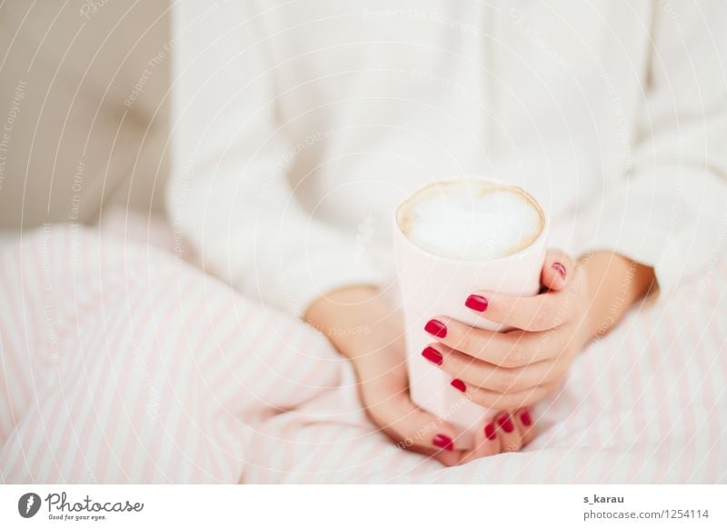 Sunday morning Happy Well-being Flat (apartment) Bed Bedroom Feminine Hand Fingers Relaxation Drinking Fresh Pink White Moody Contentment Leisure and hobbies