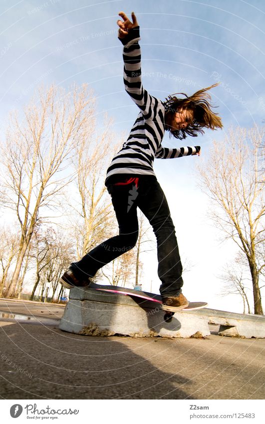 Frontside Boardslide Action Skateboarding Contentment Kickflip Salto Jump Striped Tar Concrete Light Tree Wide angle Youth (Young adults) Sports Puddle