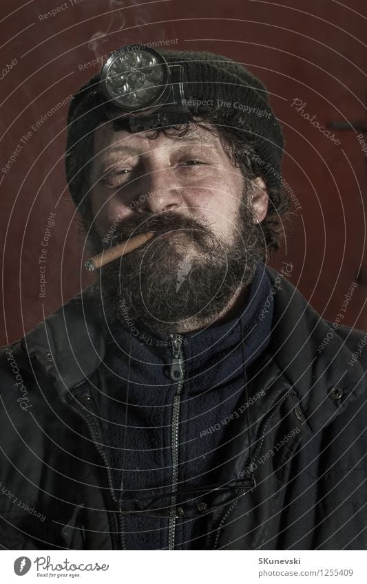 Portrait of coal miner with beard smoking cigar Camera Human being Man Adults Art Beard Hair Observe Think Smiling Authentic Dirty Retro White Determination Age