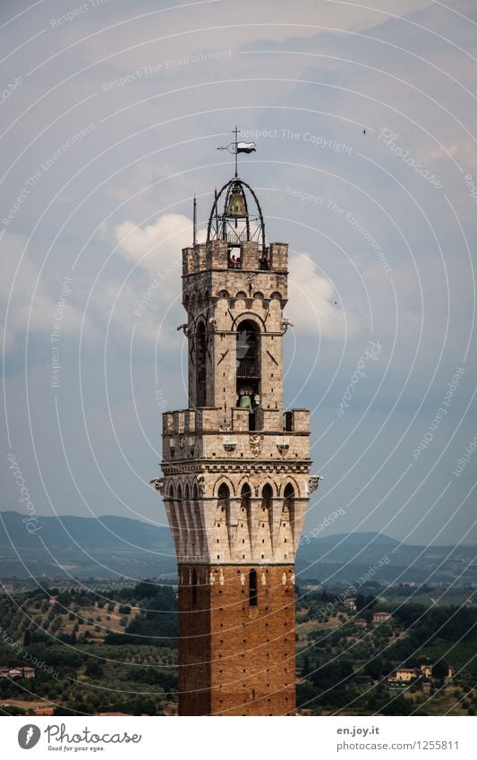 high up Vacation & Travel Tourism Sightseeing City trip Summer vacation Sky Clouds Horizon Hill Siena Tuscany Italy Tower Manmade structures Bell tower