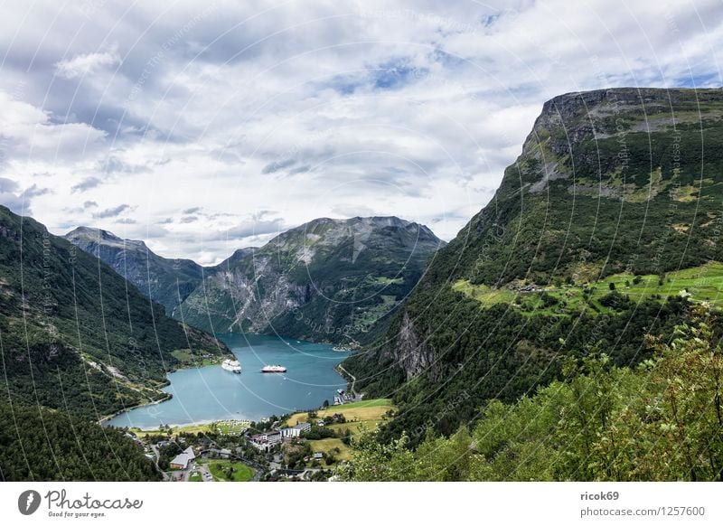 View of the Geirangerfjord Relaxation Vacation & Travel Mountain Nature Landscape Water Clouds Fjord Idyll Tourism Norway cruise liners Møre og Romsdal