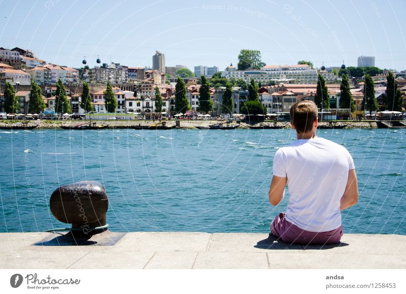 Postage I Human being Masculine Young man Youth (Young adults) 1 18 - 30 years Adults Landscape Cloudless sky Beautiful weather Waves Coast River bank Porto