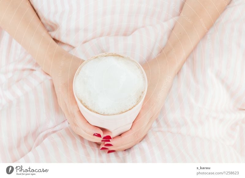 breakfast in bed Latte macchiato Feminine Arm Hand Fingers Mug Bedclothes Duvet Stripe Relaxation To enjoy Drinking Happiness Soft Pink Moody Contentment