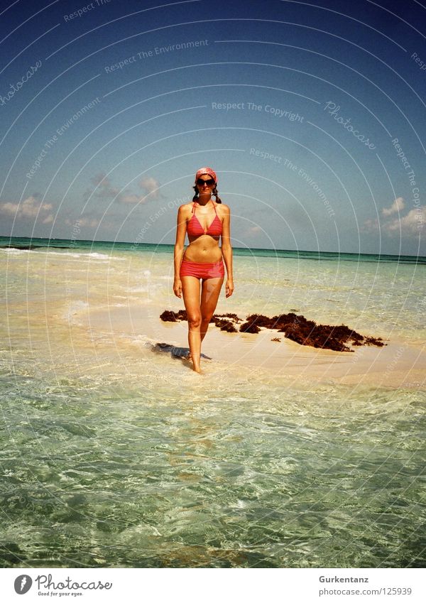 Isla de Mujer Yucatan Fraueninsel Vacation & Travel Beach Coast Ocean Woman Bikini Idyllic beach Dream island Sandbank Turquoise Pink Braids Sunglasses