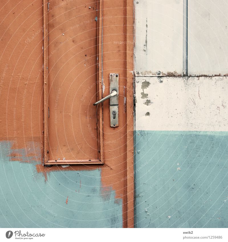 closing time Door Door handle Metal Old Simple Multicoloured Turquoise Transience russet Closed Ravages of time Gloomy Colour photo Exterior shot Detail