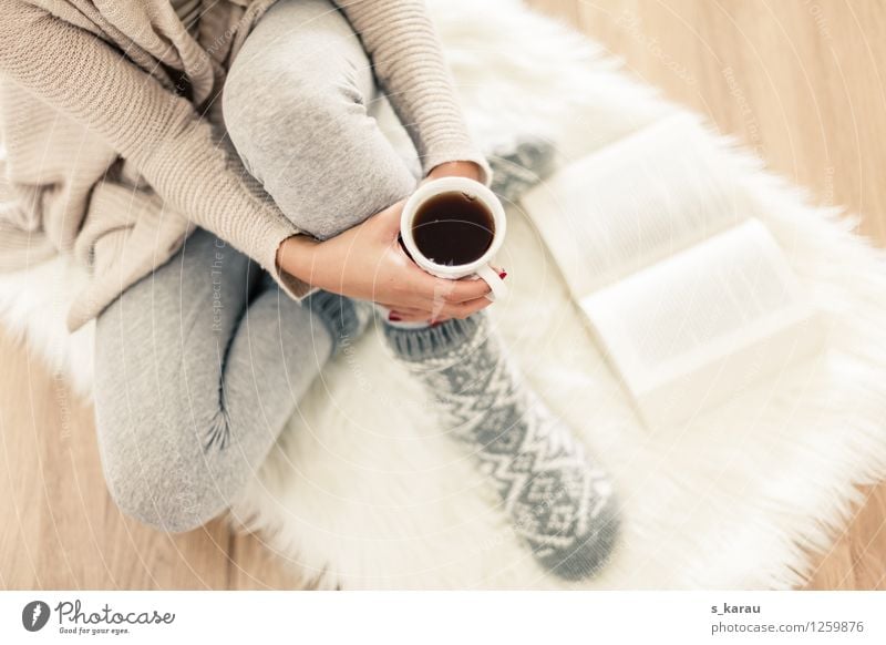 winter afternoon Beverage Drinking Hot drink Tea Cup Lifestyle Body Harmonious Well-being Relaxation Calm Reading Feminine Arm Hand Legs Feet 1 Human being Book